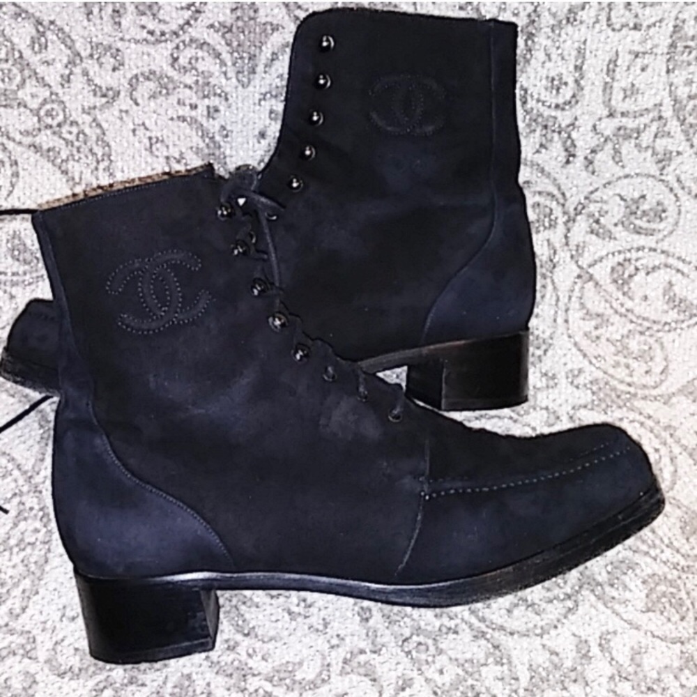 (SOLD)Chanel Classic Moto Combat Black Suede Boots - Picture 1 of 11